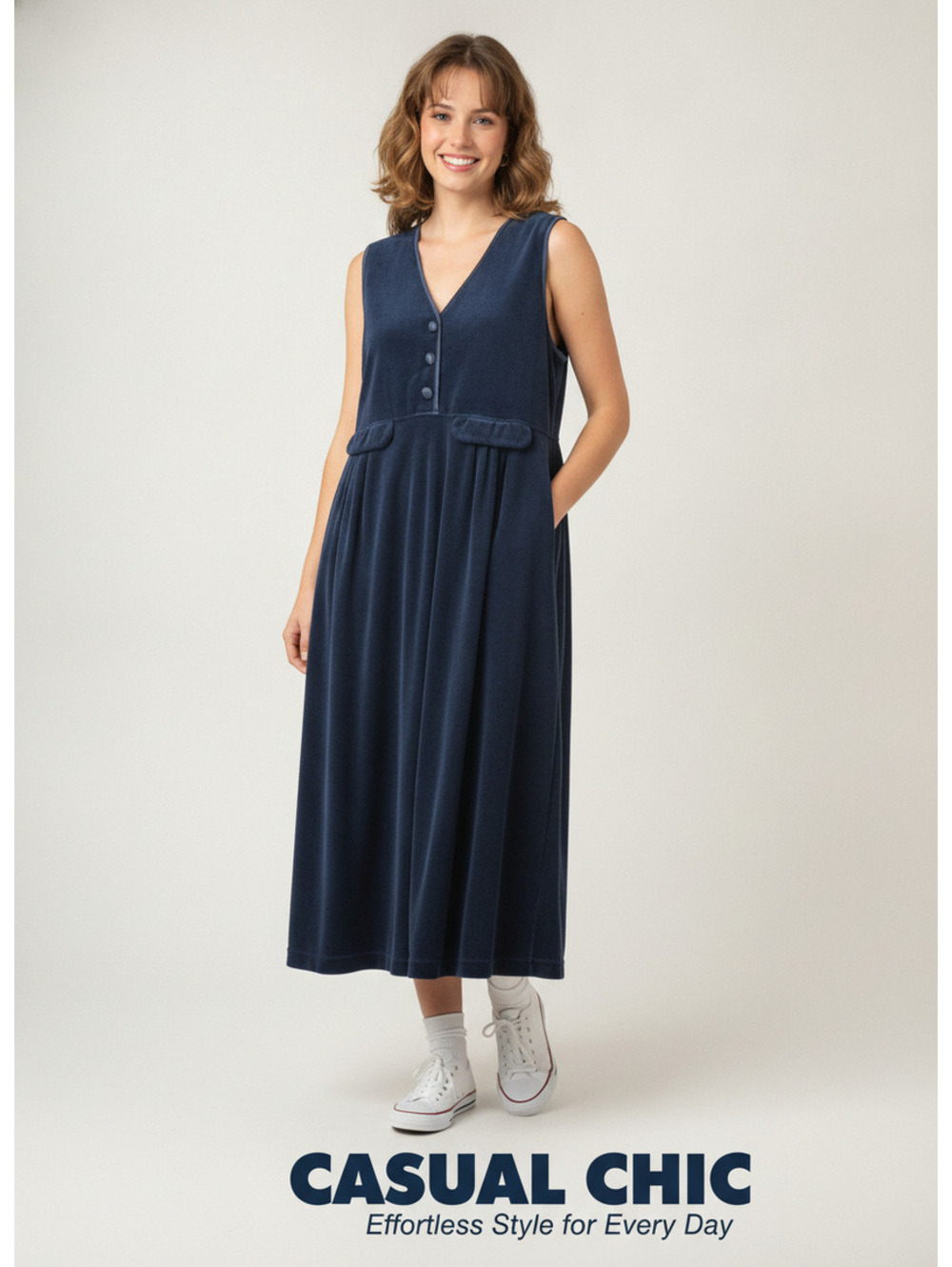 VTG 90's FADS Navy Blue Velvet Sleeveless V-Neck Dress  Size Large Petite